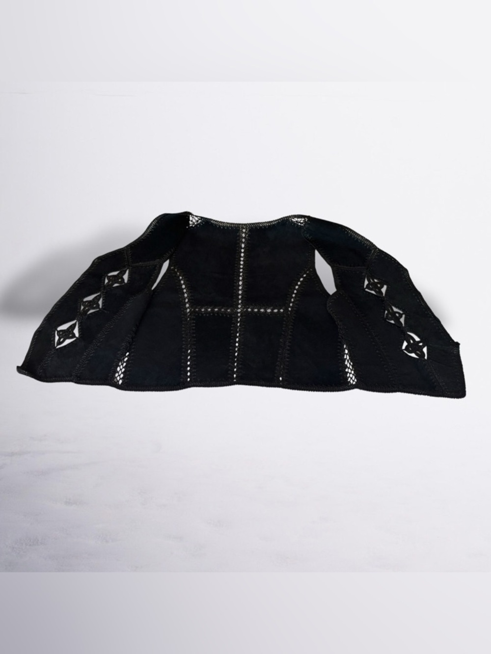 Vintage Black Genuine Leather Suede & Crochet Patchwork Women's Vest - Picture 6 of 7
